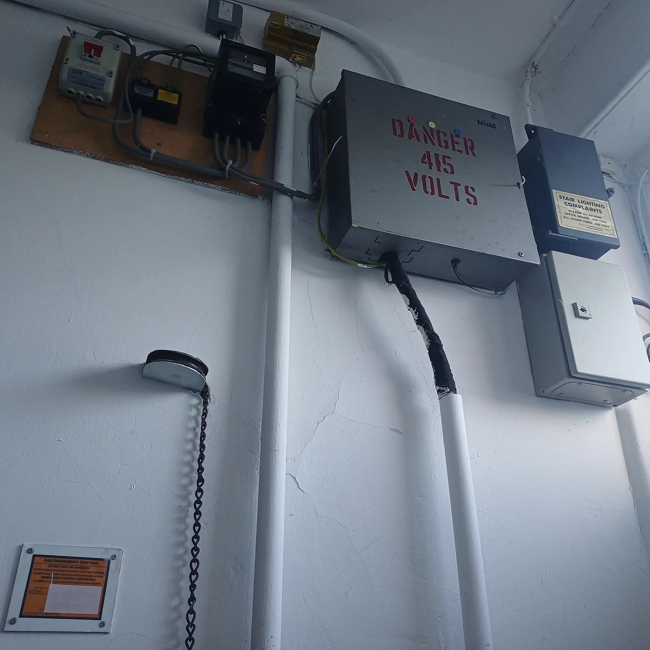 Communal electricity meter and fuse box in a New Town tenement